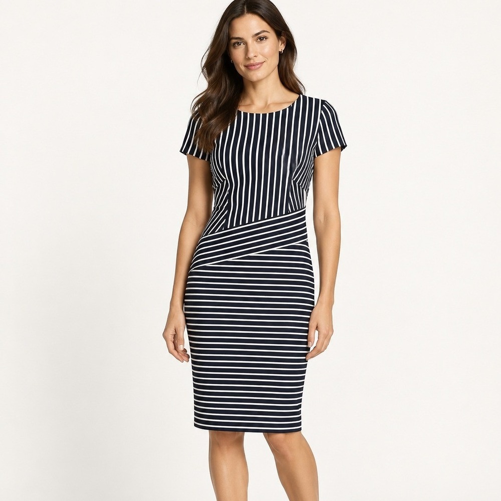 Banana Republic Women Striped Sheath Dress 8 Navy Blue White Stretch Work Career